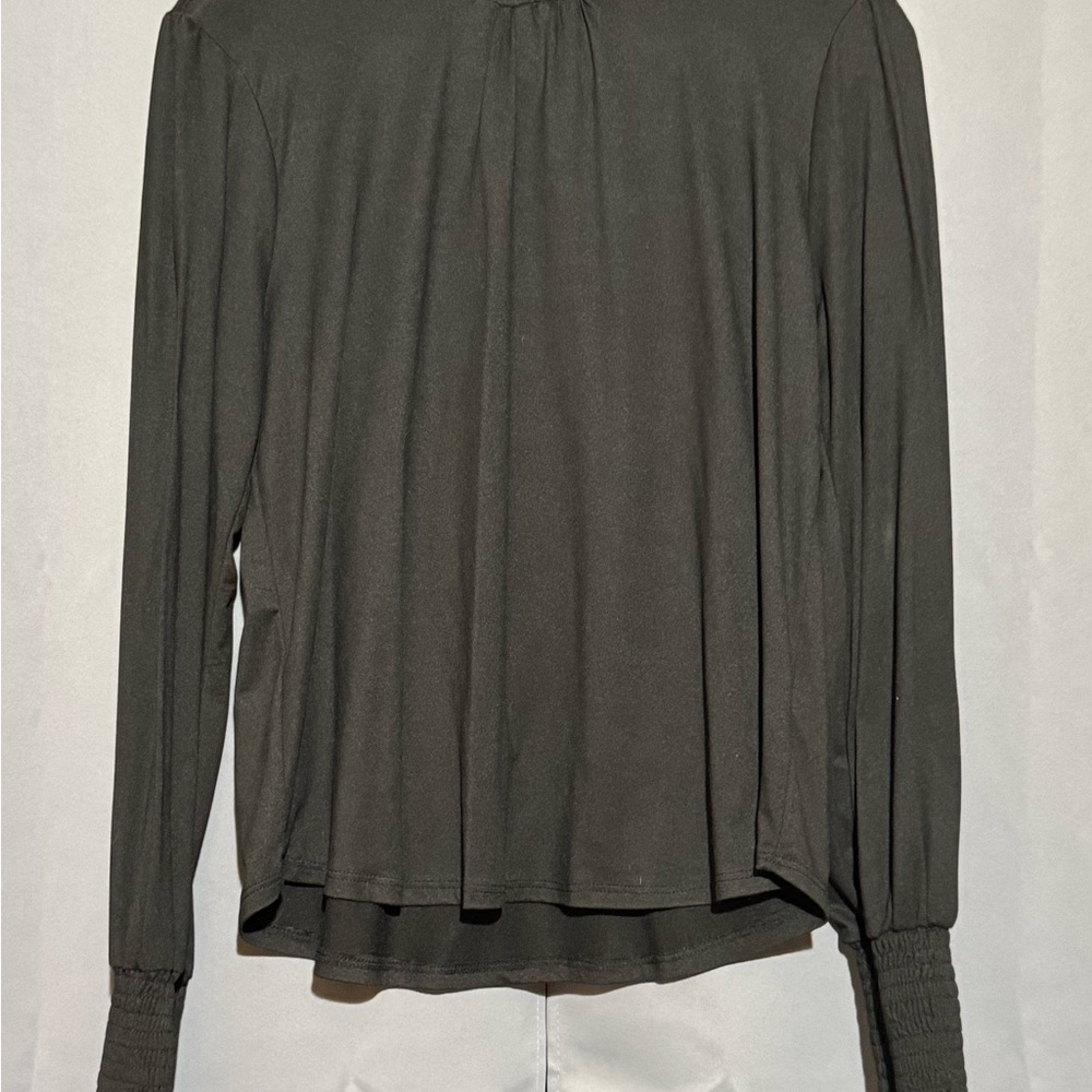 Black Pleated Blouse with Puff Sleeves and Mandarin Collar